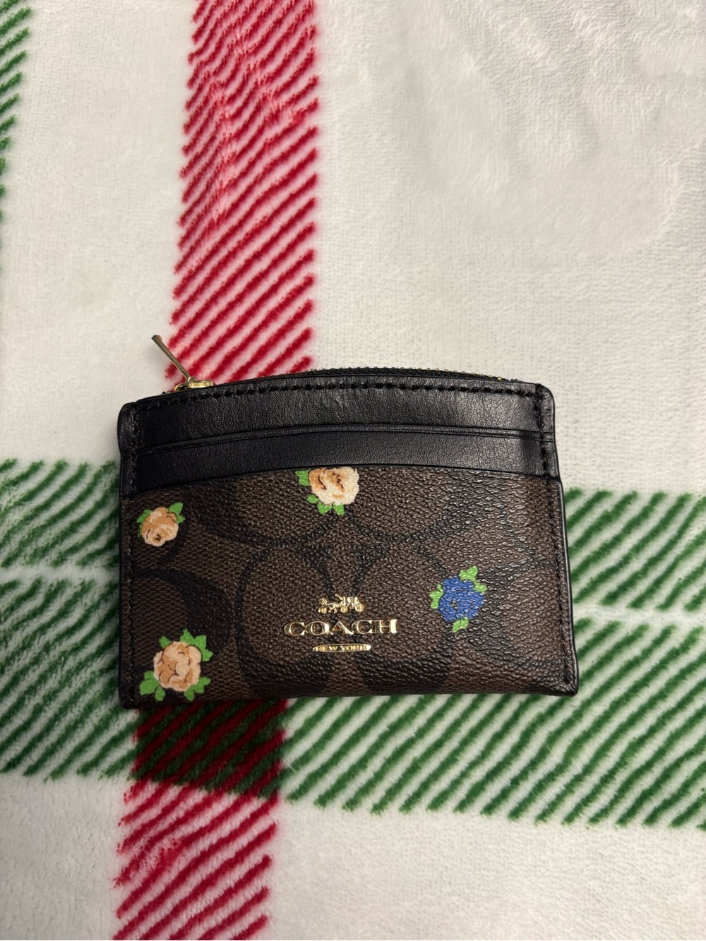 COACH Brown Floral Zip Card Case Wallet with Black Trim